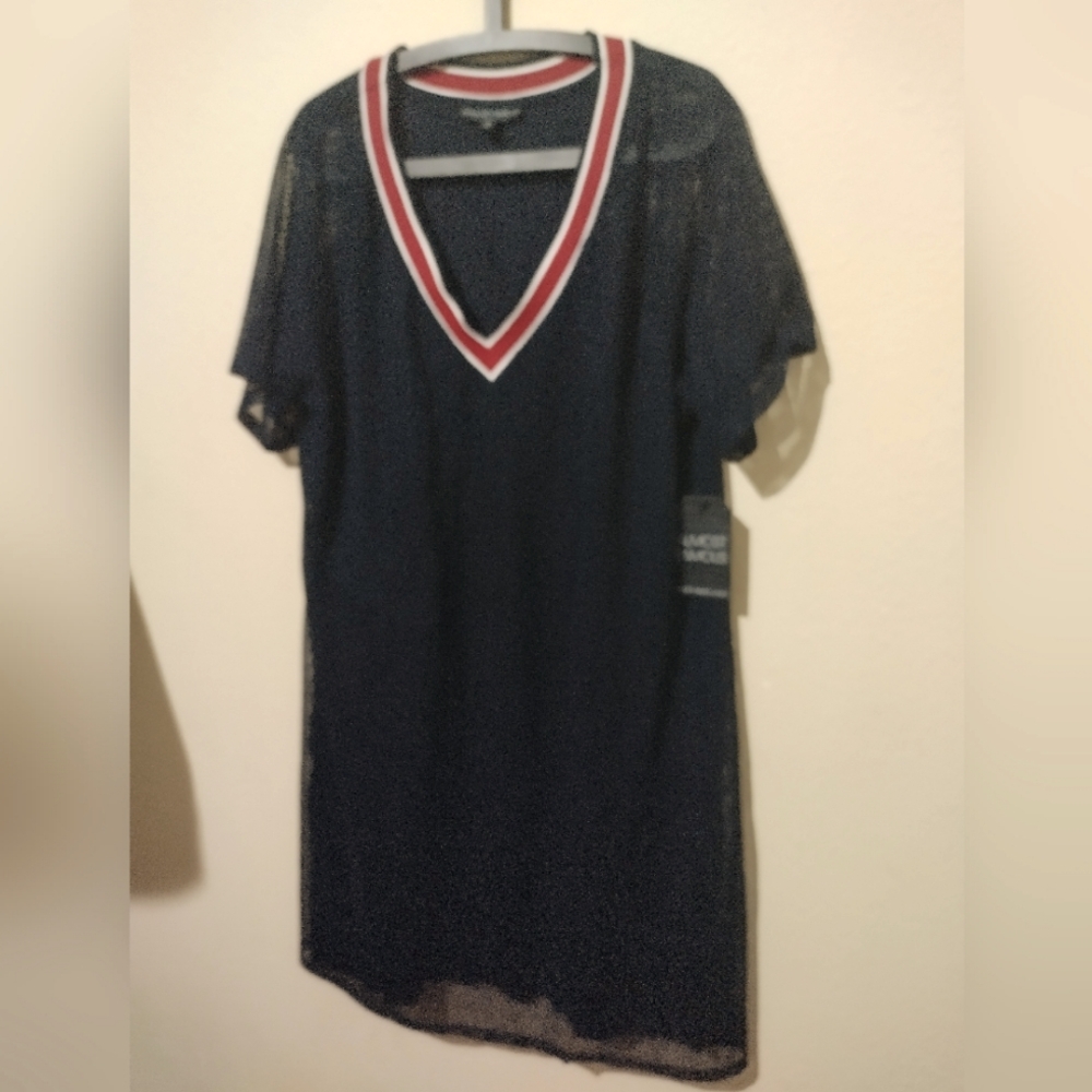 Almost Famous Navy, Red and White V-neck mini mesh dress
